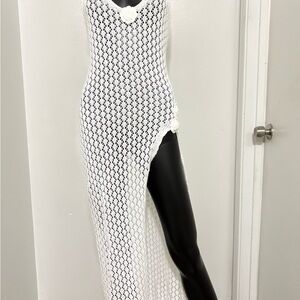 White Crochet Maxi Swim Coverup Dress with Side Slit NWOT Small